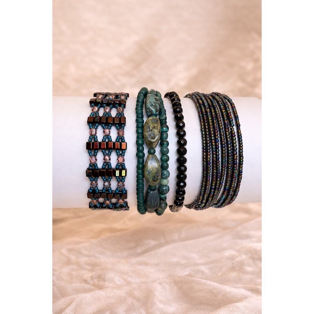 4 Bracelet Bundle | Mixed Beaded Stack | Boho / Earthy / Vintage Vibe